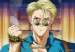  1990s_(style) 1boy artist_name blonde_hair blue_shirt brick_wall broken_glass collared_shirt fake_screenshot glass goggles green_eyes hanavbara jujutsu_kaisen light_frown looking_at_viewer male_focus mature_male nanami_kento portrait retro_artstyle ribbon serious shirt short_hair solo subtitled v-shaped_eyebrows 