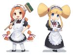  2girls :d alternate_costume apron blonde_hair blue_eyes broom closed_mouth commentary cup enmaided full_body gurumin hand_on_own_hip highres holding holding_broom holding_plate long_hair maid maid_apron maid_headdress multiple_girls open_mouth orange_eyes orange_hair parin plate popon_(gurumin) rerecoro sidelocks simple_background smile standing tea teacup twintails very_long_hair white_background 
