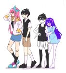  1boy 1girl aqua_bow aqua_eyes aubrey_(faraway)_(omori) aubrey_(headspace)_(omori) aubrey_(omori) bandaid bandaid_on_leg barefoot biyo black_eyes black_hair black_shirt black_socks black_vest blue_footwear blue_hairband blue_shirt blue_shorts bow brown_shorts closed_mouth collarbone collared_shirt expressionless hair_bow hairband hand_in_own_hair hand_in_pocket holding holding_another&#039;s_arm holding_knife jacket jitome knife light_blush long_hair looking_at_another off-shoulder_shirt off_shoulder omori omori_(omori) open_mouth orange_sailor_collar orange_trim pink_bow pink_hair purple_hair sailor_collar shirt shorts simple_background small_sweatdrop smile socks striped_clothes striped_shorts sunny_(omori) vertical-striped_clothes vertical-striped_shorts vest violet_eyes white_background white_jacket white_shirt white_shorts white_socks 