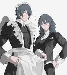  ... 1boy 1girl :/ apron back_bow black_dress black_jacket black_pants black_vest bow butler byleth_(female)_(fire_emblem) byleth_(fire_emblem) byleth_(male)_(fire_emblem) closed_mouth clothes_pull cowboy_shot cropped_legs crossdressing dress dual_persona fire_emblem fire_emblem:_three_houses frilled_dress frills green_eyes green_hair hair_between_eyes high_collar highres jacket juliet_sleeves krank lapels long_sleeves looking_at_another looking_down maid maid_apron maid_headdress pants puffy_sleeves pulling_own_clothes shirt simple_background undershirt vest white_background white_bow white_shirt white_wrist_cuffs wrist_cuffs 