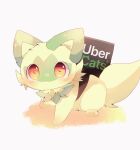  blush brand_name_imitation english_text green_fur highres looking_at_viewer multicolored_hair no_humans pokemon pokemon_(creature) red_eyes simple_background solo sprigatito two-tone_hair uber_eats white_background yupo_0322 