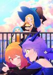  5girls against_railing aizawa_azusa arm_support benio_(dontsugel) black_hat black_robe blonde_hair blue_eyes blue_hair blush braid clouds cloudy_sky dragon_girl dragon_horns dress eyebrows_hidden_by_hair falfa_(slime_taoshite_300_nen) flatorte_(slime_taoshite_300_nen) from_side green_eyes green_hair hair_between_eyes hat highres horns laika_(slime_taoshite_300_nen) large_hat long_hair looking_at_another mother_and_daughter multiple_girls official_art one_eye_closed open_mouth orange_dress purple_hair railing redhead robe shalsha_(slime_taoshite_300_nen) shirt siblings sisters sky slime_(creature) slime_taoshite_300_nen_shiranai_uchi_ni_level_max_ni_nattemashita smile teeth upper_teeth_only very_long_hair white_shirt witch witch_hat 