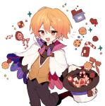  1boy black_pants blonde_hair brown_shirt candy candy_cane capelet chinese_commentary chocolate chocolate_bar chocolate_chip_cookie collared_shirt commentary_request cookie food gelato1014 hand_on_own_hip hat heart heart-shaped_chocolate holding holding_clothes holding_hat leg_up male_focus open_mouth orange_eyes orange_vest pants project_sekai shirt short_hair simple_background smile solo sparkle tenma_tsukasa two-sided_capelet two-sided_fabric v-shaped_eyebrows vest white_background white_capelet 