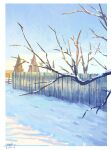  bare_tree blue_sky border chinese_commentary commentary_request dated day fence footprints highres house no_humans original outdoors outside_border sanshui_guantang scenery signature sky snow tree white_border winter 