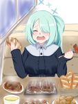  1girl blue_archive blue_hair bowl bread breasts closed_eyes crying food fork highres hiyori_(blue_archive) holding holding_food holding_fork large_breasts long_hair long_sleeves open_mouth plate side_ponytail solo soup steak steam streaming_tears table takoyaki tears yojiro_kuji 