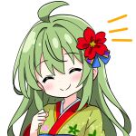  1girl ahoge blush closed_eyes flower green_hair hair_flower hair_ornament head_tilt highres japanese_clothes kimono kotatsu-mazoku long_hair original smile solo 