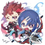  2boys alcryst_(fire_emblem) arrow_(projectile) blue_hair bow_(weapon) brothers diamant_(fire_emblem) fire_emblem fire_emblem_engage holding holding_bow_(weapon) holding_weapon multiple_boys one_eye_closed open_mouth red_eyes redhead ryoto_soukyuu siblings weapon 