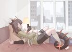  2girls arkiwi arknights bedroom between_legs black_shorts brown_hair commentary cuddling dragon_girl dragon_horns dragon_tail english_commentary feather_hair feathers green_sweater highres horns hug indoors lamp layered_sleeves long_hair long_sleeves multiple_girls on_bed pillow saria_(arknights) short_over_long_sleeves short_sleeves shorts silence_(arknights) sleeping sleeping_on_person snowing sweater tail tail_around_another&#039;s_leg tail_wrap white_hair window yuri 