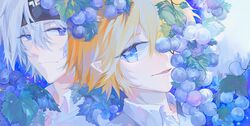  2boys absurdres aotu_world black_headband blonde_hair blue_eyes closed_mouth collared_shirt food fruit grape_vine grapes grey_(aotu_world) hair_between_eyes headband highres king_(aotu_world) kokawaamon leaf looking_at_viewer male_focus multiple_boys one_eye_covered open_collar parted_lips pointy_ears portrait shirt short_hair sidelocks sideways_glance white_hair 