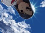  1girl backlighting black_hair blue_sky clouds day dress expressionless from_below hair_ornament hairclip ino_(magloid) long_hair looking_at_viewer mochizuki_nonoka neckerchief otome_function red_neckerchief sailor_dress school_uniform sky solo sun sunlight white_dress 