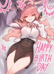  1girl aru_(blue_archive) black_skirt blue_archive blush breasts demon_horns doodle_sensei_(blue_archive) fur_trim halo happy_birthday horns large_breasts long_hair long_sleeves looking_at_viewer pen pink_hair sensei_(blue_archive) shirt skirt smile solo undreaming white_shirt yellow_eyes 