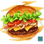  artist_logo artist_name bacon bread burger cheese food food_focus highres lettuce meat no_humans original tomato tomato_slice yuki00yo 