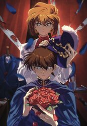  1boy 1girl blue_cape blue_eyes blue_hair blue_suit bow bowtie brown_hair cape clothes_hanger edogawa_conan falling_petals feathers flower formal haibara_ai hair_between_eyes helmet hetero highres holding holding_helmet holding_rosary leaf light_brown_hair mask meitantei_conan open_mouth petals red_bow red_bowtie red_sweater rose short_hair suit sweater usagi_ringo white_suit 