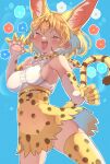  1girl absurdres animal_ears animal_hands bare_shoulders blonde_hair blush bow bowtie cat_ears cat_girl cat_tail center_frills claw_pose closed_eyes extra_ears fang frills gloves high-waist_skirt highres kemono_friends open_mouth osnmykk paw_gloves print_bow print_bowtie print_gloves print_skirt print_thighhighs serval_(kemono_friends) serval_print shirt short_hair skirt sleeveless solo tail thigh-highs white_gloves white_shirt zettai_ryouiki 