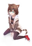  1girl :p animal_ears between_legs black_shirt black_thighhighs breasts brown_hair brown_skirt cat_ears cat_girl cat_tail full_body fumino_tamaki green_eyes hand_between_legs highres hood hood_down hoodie large_breasts light_brown_hair long_sleeves looking_at_viewer medium_hair miniskirt multicolored_hair nijisanji partially_unzipped pleated_skirt red_footwear shirt sign sign_around_neck simple_background sitting skirt tail tanaro thigh-highs tongue tongue_out two-tone_hair virtual_youtuber wariza white_background 