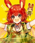  1girl animal_crossing arms_up bunnie_(animal_crossing) collared_shirt dress long_hair low_twintails open_mouth personification plaid plaid_dress puffy_short_sleeves puffy_sleeves rabbit_girl redhead sapphire_(nine) shirt short_sleeves simple_background smile solo twintails very_long_hair white_shirt yellow_background 