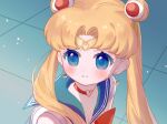  1girl bishoujo_senshi_sailor_moon blonde_hair blue_background blue_eyes blue_sailor_collar blush bow bowtie choker circlet clenched_teeth closed_mouth collared_shirt colored_eyelashes commentary crescent crescent_earrings dangle_earrings derivative_work double_bun earrings hair_bun hair_ornament hair_over_shoulder heart heart_choker indigopp jewelry light_particles long_hair looking_ahead magical_girl meme parted_bangs red_bow red_bowtie red_choker sailor_collar sailor_moon sailor_moon_redraw_challenge_(meme) sailor_shirt screenshot_redraw shirt short_sleeves solo sweat teeth tile_floor tiles twintails upper_body white_shirt white_sleeves 