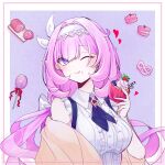  1girl blue_eyes border breasts cake candy cl_aoulr7 coat elf elysia_(coco)_(honkai_impact) elysia_(honkai_impact) elysia_(miss_pink_elf)_(honkai_impact) food headband heart highres holding holding_cake holding_food honkai_(series) honkai_impact_3rd lollipop long_hair looking_at_viewer one_eye_closed pink_hair pointy_ears purple_background shirt solo sweets tongue tongue_out upper_body very_long_hair white_border white_headband white_shirt winter_clothes winter_coat yellow_coat 