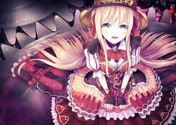  amulet ascot blonde_hair blue_eyes blush bodice bow brown_gloves buckle coffee1223 fingerless_gloves frilled_skirt frilled_sleeves frills from_above gears gloves hair_bow hair_ribbon hat light_blush long_hair looking_up mahou_tsukai_to_kuroneko_no_wiz on_floor open_mouth overskirt red_ascot red_bodice red_overskirt red_skirt ribbon skirt smile steampunk striped_clothes striped_skirt striped_sleeves top_hat very_long_hair white_sleeves yukka_ende 