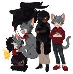  2boys :3 animal_ear_fluff animal_ears animalization bird black_coat black_hair black_pants black_scarf blue_eyes brown_eyes brown_pants cat cat_boy cat_ears cat_tail closed_mouth coat crocs crow dark-skinned_male dark_skin deviidog0 english_commentary english_text full_body grey_hair hair_over_one_eye hands_up highres hood hood_down hoodie light-skinned_palms long_sleeves looking_at_another looking_at_viewer male_focus multiple_boys neck_ribbon original own_hands_together pants rabbit+tank_form_(black_hazard) red_eyes red_footwear red_hoodie ribbon scarf short_eyebrows short_hair sound_effects standing tail very_dark_skin very_short_hair white_background 