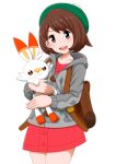 1girl :d backpack bag brown_bag brown_eyes brown_hair buttons cardigan collared_dress commentary_request dress eyelashes gloria_(pokemon) green_hat grey_cardigan happy hat hedorobakudan holding holding_pokemon hood hood_down hooded_cardigan long_sleeves open_mouth pokemon pokemon_(creature) pokemon_swsh scorbunny short_hair simple_background smile tam_o&#039;_shanter teeth upper_teeth_only white_background 