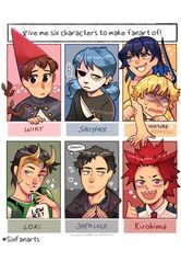  6+boys agatsuma_zenitsu black_hair blonde_hair blue_eyes blue_hair boku_no_hero_academia brown_eyes brown_hair character_name crying english_text gomi_(gomiidd) green_eyes hashibira_inosuke helmet highres holding holding_knife kimetsu_no_yaiba kirishima_eijirou knife loki_(marvel) low_twintails male_focus marvel marvel_cinematic_universe mask multiple_boys multiple_drawing_challenge over_the_garden_wall red_eyes redhead sal_fisher sally_face sherlock_(bbc) sherlock_holmes short_hair six_fanarts_challenge twintails wirt_(over_the_garden_wall) 