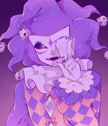  1boy argyle_clothes card commentary dreamysuite english_commentary fangs glint gloves gradient_background hat highres holding holding_card jabroni_mike jester jester_cap joker_(playing_card) long_sleeves male_focus mask playing_card puffy_long_sleeves puffy_sleeves solo upper_body vinesauce white_gloves 