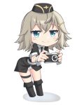  1girl black_footwear black_hat black_jacket black_necktie blonde_hair blue_eyes boots camera chibi closed_mouth commentary crossed_bangs english_commentary full_body garrison_cap girls_frontline hair_between_eyes hair_ornament hairclip hat highres holding holding_camera jacket leaning_forward light_blush looking_at_viewer military_uniform mp41_(girls&#039;_frontline) necktie rynzfrancis shadow shirt short_hair short_sleeves simple_background skirt smile solo standing uniform white_background white_shirt white_skirt white_wrist_cuffs wrist_cuffs 