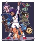  1boy aged_down arm_up axew charizard_pose charmander closed_eyes closed_mouth collared_shirt commentary dark-skinned_male dark_skin dreepy gigobyte350 gym_challenge_uniform honedge knees legs_apart leon_(pokemon) long_hair male_focus mime_jr. pokemon pokemon_(creature) pokemon_swsh purple_hair shirt shoes shorts smile socks standing tympole white_footwear white_shirt white_shorts white_socks 