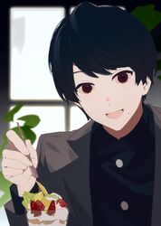  1boy absurdres black_hair black_jacket black_shirt chinese_commentary collared_shirt commentary_request highres indoors jacket kadota_hiromi kamen_rider kamen_rider_revice looking_at_viewer male_focus mole mole_under_mouth open_clothes open_jacket open_mouth parfait red_eyes shirt short_hair smile solo v0veiling 