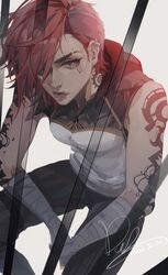  1girl absurdres arcane:_league_of_legends arcane_vi arm_tattoo bandaged_wrist bandages blue_eyes commentary dated doo58455 english_commentary freckles highres hood hood_down hooded_shirt league_of_legends looking_at_viewer looking_up nose_piercing nose_ring piercing pink_hair scar_across_eyebrow scar_on_lip shirt short_hair side_cut signature sleeveless sleeveless_shirt solo spotlight tattoo toned_female vi_(league_of_legends) white_shirt 