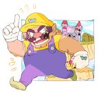  1boy big_nose brown_hair castle cleft_chin clenched_hand cutie-png facial_hair gloves green_footwear hat highres mustache overalls pointy_ears purple_overalls shirt thick_eyebrows wario wario_land white_gloves yellow_hat yellow_shirt 