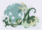 colored_skin evolutionary_line flower full_body green_skin looking_at_another no_humans pokemon pokemon_(creature) red_eyes serperior smile snake snivy white_flower ynmr_ll 