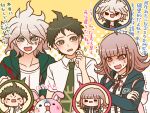  1girl 2boys ahoge anger_vein angry animal_bag backpack bag black_eyes blue_eyes blue_jacket body_switch bow breasts brown_hair buttons chibi collarbone collared_shirt commentary_request crazy_eyes crazy_smile crest crossed_arms danganronpa_(series) danganronpa_2:_goodbye_despair drooling eyelashes furrowed_brow green_eyes green_jacket green_necktie hair_between_eyes hair_ornament hairclip height_difference hinata_hajime hood hood_down hooded_jacket jacket komaeda_nagito large_breasts long_hair long_sleeves looking_at_another messy_hair monomi_(danganronpa) multiple_boys nanami_chiaki neck_ribbon necktie open_clothes open_jacket open_mouth pale_skin personality_switch pink_bag pink_bow pink_eyes pink_hair pink_ribbon pocket polka_dot polka_dot_background rabbit ribbon scratching_neck shirt short_hair short_sleeves simple_background sleeves_past_wrists smile solid_oval_eyes spiky_hair sweat translation_request trembling two-tone_background upper_body white_background white_hair white_shirt yellow_background yumaru_(marumarumaru) 
