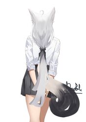  1girl ahoge animal_ear_fluff animal_ears arms_behind_back black_bow black_skirt bow commentary_request doodol fox_ears fox_girl fox_tail from_behind hair_bow highres hololive long_hair shirakami_fubuki shirt signature simple_background skirt solo tail virtual_youtuber white_background white_hair white_shirt 