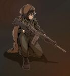  1girl absurdres battle_rifle beret black_gloves boots brown_hair commission english_text fn_fal frown gloves gun hat headset highres military_uniform nyagurisushi on_one_knee original poncho rifle short_hair trigger_discipline uniform watch weapon 