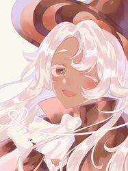  1girl brown_dress brown_eyes capelet cookie_run dark-skinned_female dark_skin dress hat humanization latte_cookie long_hair looking_at_viewer one_eye_closed open_mouth shirt simple_background smile solo tabin very_long_hair white_hair witch_hat 