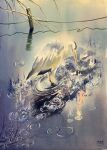  absurdres animal bird blue_sky branch didi_daisukedoi fence_post highres no_humans original painting_(medium) plant pond reflection reflective_water ripples rope rope_fence sky straw_(stalk) sunlight traditional_media water watercolor_(medium) 