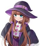  1girl belt belt_buckle black_hat black_robe blue_eyes blush brown_choker brown_hair buckle choker closed_mouth commentary_request hair_bobbles hair_ornament hat hat_belt highres hood hood_down hooded_robe long_hair long_sleeves looking_at_viewer low_twintails minami_saki original pleated_skirt purple_belt purple_skirt robe shirt simple_background skirt sleeves_past_fingers sleeves_past_wrists smile solo twintails very_long_hair white_background white_shirt wide_sleeves witch_hat 