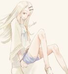  1girl bare_legs blonde_hair bracelet camisole denim denim_shorts flat_chest gakuen_idolmaster hair_ornament hairclip idolmaster jacket jewelry legs long_hair looking_at_viewer open_clothes open_jacket orange_eyes parted_lips shinosawa_hiro short_shorts shorts sitting sketch smile solo trutsmn white_camisole 