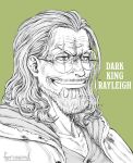  1boy artist_name beard character_name closed_mouth commentary english_commentary english_text facial_hair feriowind glasses male_focus medium_hair mustache_stubble one_piece round_eyewear scar scar_across_eye scar_on_face silvers_rayleigh smile solo stubble white_hair 