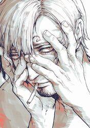  1boy cigarette commentary curly_eyebrows deadjuice english_commentary eyelashes facial_hair goatee greyscale hands_on_own_face hands_up looking_to_the_side male_focus monochrome one_piece sanji_(one_piece) sideways_glance smoking solo upper_body 