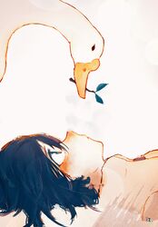  1girl bird black_eyes black_hair dangoiz goose highres image_sample lying on_back original short_hair solo 