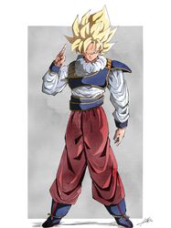  armor blonde_hair blue_footwear boots border breastplate dragon_ball dragon_ball_z full_body green_eyes grey_background high_collar highres looking_at_viewer medium_hair orange_pants pants pato007711 shirt shoulder_pads smirk son_goku spiky_hair super_saiyan super_saiyan_1 white_border white_shirt 