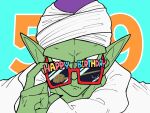  cape close-up colored_skin dated dragon_ball fewer_digits flying_nimbus goku_day green_skin happy_birthday highres kash1wag1 no_eyebrows out_of_frame piccolo pointy_ears reflection sunglasses toriyama_akira_(character) turban white_cape 