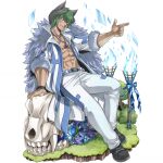  1boy abs animal_skull balthus_(gate_of_nightmares) black_footwear blue_bow blue_coat blue_fire blue_flower bow bracelet cape coat facial_mark fire flower fur_cape gate_of_nightmares grass green_hair grey_cape highres jewelry long_coat looking_at_viewer mashima_hiro multicolored_coat muscular muscular_male necklace official_alternate_costume official_art open_clothes open_coat pants pointing shoes short_hair simple_background sitting solo transparent_background two-tone_coat white_coat white_pants 