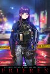  1girl absurdres ar-15 assault_rifle black_gloves black_jacket blue_pants blurry blurry_background car caution_tape chinese_commentary closed_mouth commentary_request contrapposto copyright_name cowboy_shot denim expressionless fern_(sousou_no_frieren) frieren gloves gun helmet highres holding holding_gun holding_weapon jacket jeans keep_out load_bearing_vest long_hair long_sleeves looking_at_viewer magazine_(weapon) motor_vehicle night outdoors pants police_car purple_hair rifle smoke_grenade solo sousou_no_frieren standing tiewan trigger_discipline violet_eyes walkie-talkie weapon 