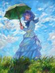  1girl absurdres almiria_bauduin ascot blue_eyes blue_hair blue_sky blush clouds day grass gundam gundam_tekketsu_no_orphans hairband highres holding holding_umbrella long_hair looking_at_viewer matsuko_(mrimri3) open_mouth outdoors sky smile solo umbrella 