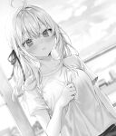  1girl absurdres ahoge alisa_mikhailovna_kujou blurry blurry_background blush breasts clothes_grab collarbone commentary dutch_angle frown furrowed_brow greyscale gym_shirt gym_uniform hair_ribbon highres long_hair looking_at_viewer medium_breasts momoko_(momopoco) monochrome novel_illustration official_art ribbon second-party_source shirt sky solo t-shirt tokidoki_bosotto_roshia-go_de_dereru_tonari_no_arya-san upper_body white_shirt 