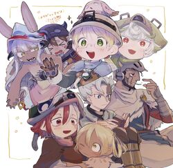  &gt;_&lt; 1other 3boys 4girls :d akamtvahosi belafu belafu_(human) blonde_hair blue_eyes book brown_eyes brown_gloves brown_hair closed_eyes closed_mouth eye_contact gloves green_eyes green_hair grin hair_between_eyes helmet highres holding holding_book irumyuui looking_at_another made_in_abyss multicolored_hair multiple_boys multiple_girls nanachi_(made_in_abyss) one_eye_closed open_mouth prushka reading red_eyes redhead reg_(made_in_abyss) riko_(made_in_abyss) semi-rimless_eyewear smile translation_request v-shaped_eyebrows vueko wazukyan_(human) white_hair yellow_eyes 